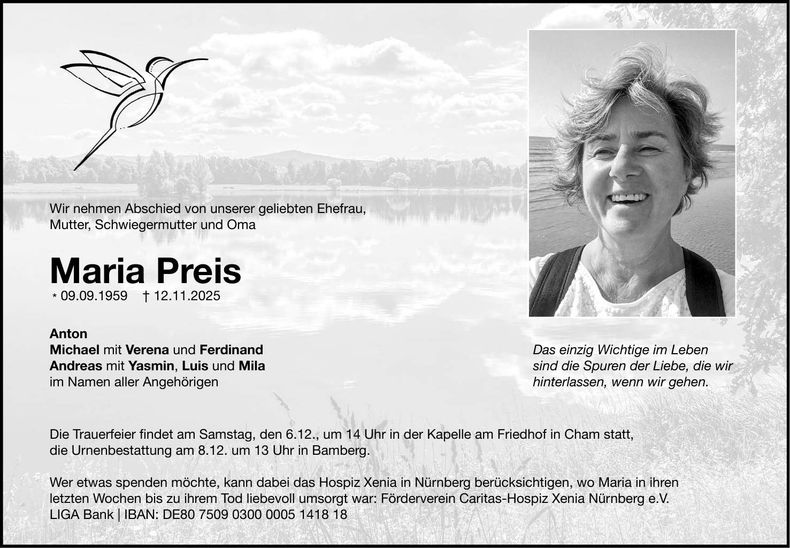 Traueranzeige Maria Preis