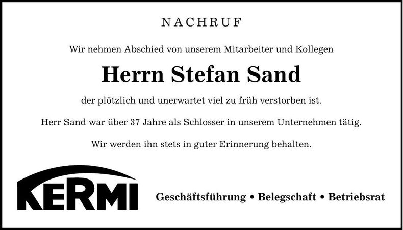 Traueranzeige Stefan Sand