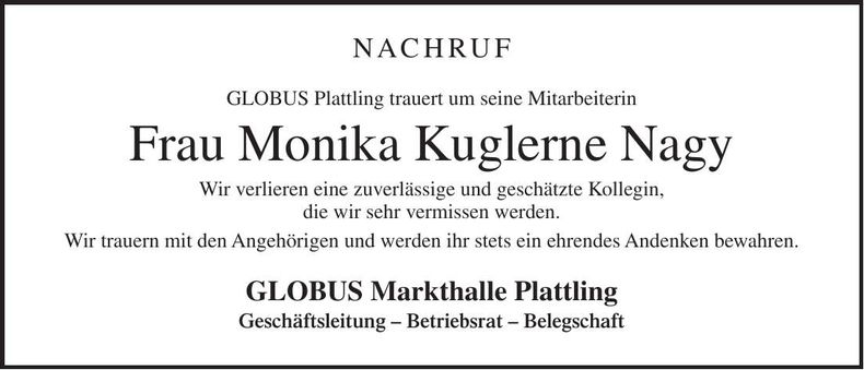 Traueranzeige Monika Kuglerne Nagy