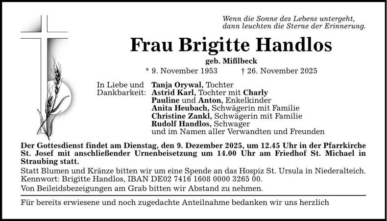 Traueranzeige Brigitte Handlos