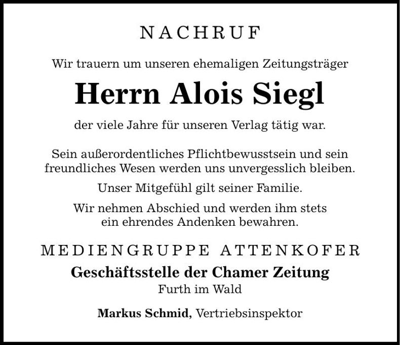 Traueranzeige Alois Siegl