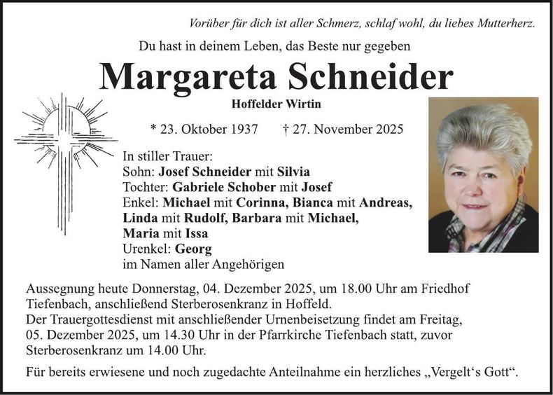 Traueranzeige Margareta Schneider