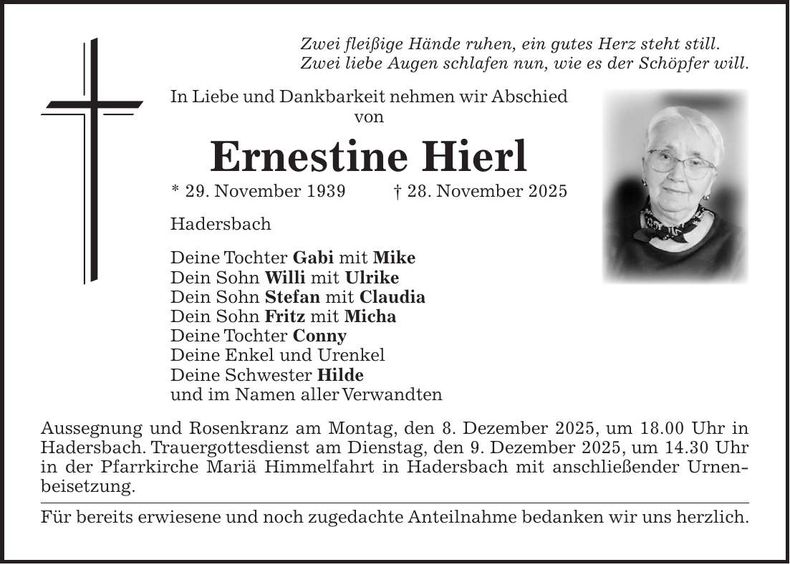 Traueranzeige Ernestine Hierl