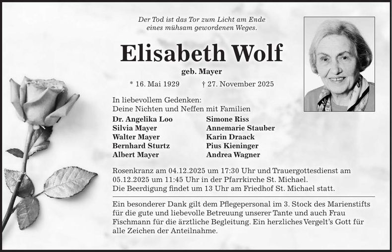 Traueranzeige Elisabeth Wolf