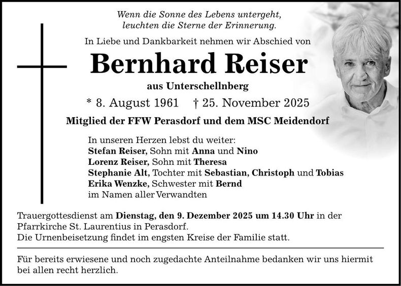 Traueranzeige Bernhard Reiser