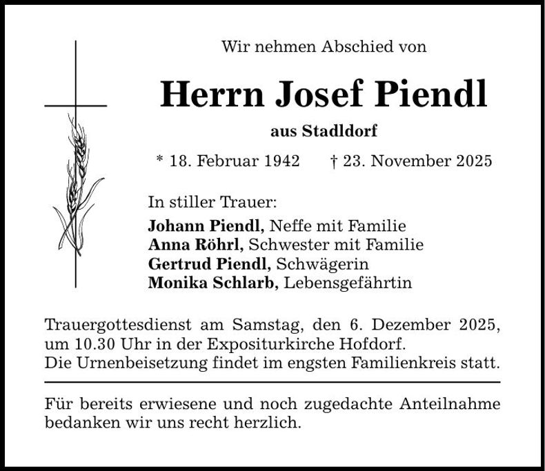 Traueranzeige Josef Piendl