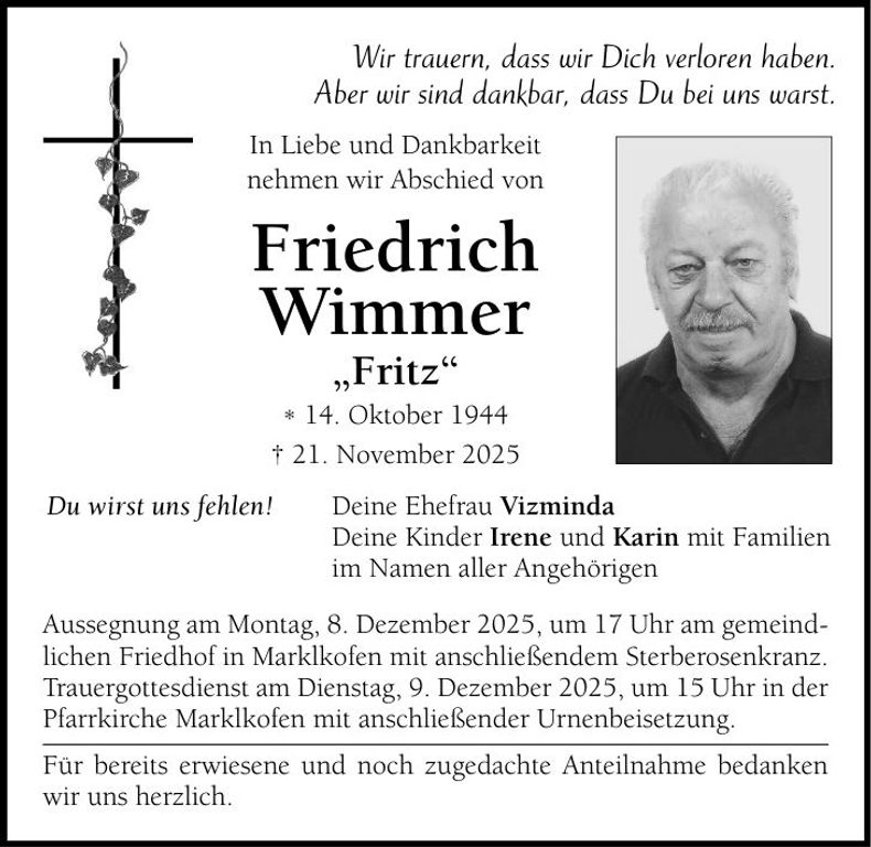 Traueranzeige Friedrich Wimmer