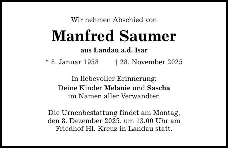 Traueranzeige Manfred Saumer