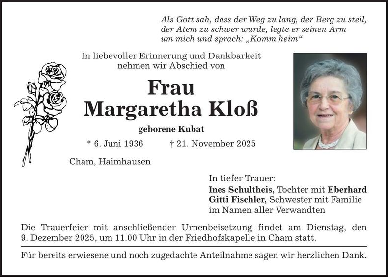 Traueranzeige Margaretha Kloß
