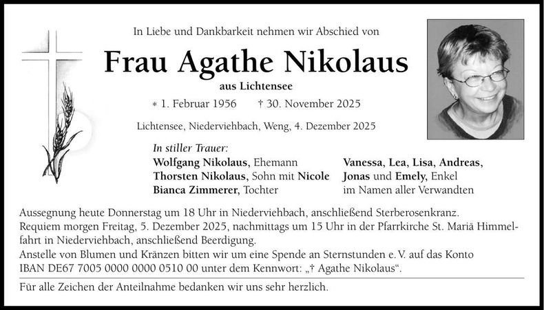 Traueranzeige Agathe Nikolaus