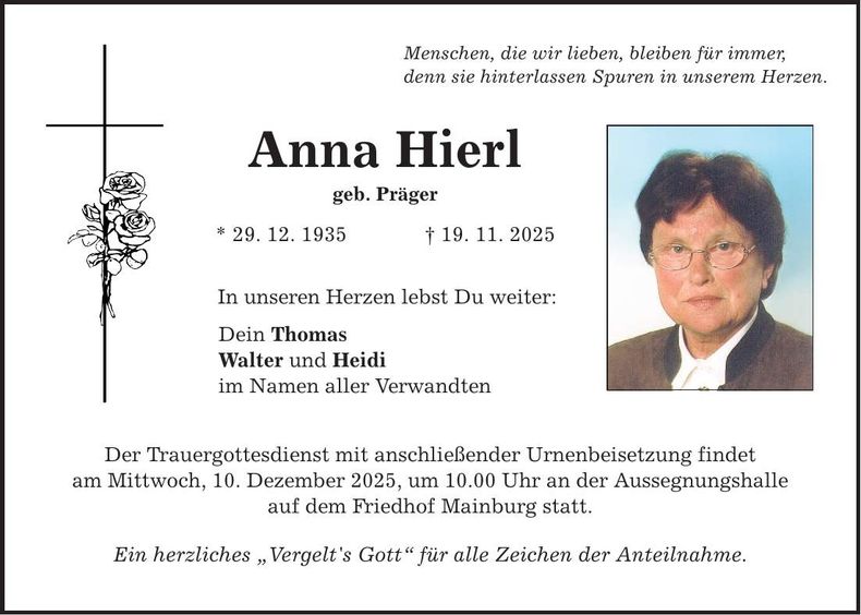 Traueranzeige Anna Hierl