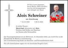 Traueranzeige Alois Schreiner