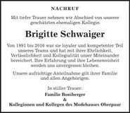 Traueranzeige Brigitte Schwaiger