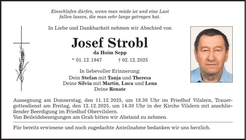 Traueranzeige Josef Strobl