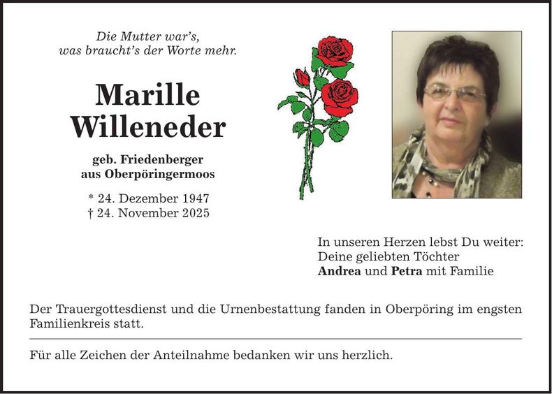 Traueranzeige Marille Willeneder
