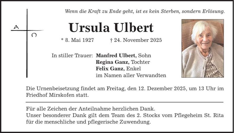Traueranzeige Ursula Ulbert