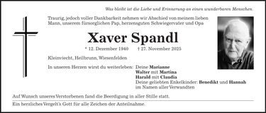 Traueranzeige Xaver Spandl