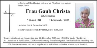Traueranzeige Christa Gaub