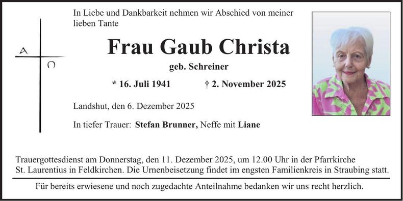 Traueranzeige Christa Gaub