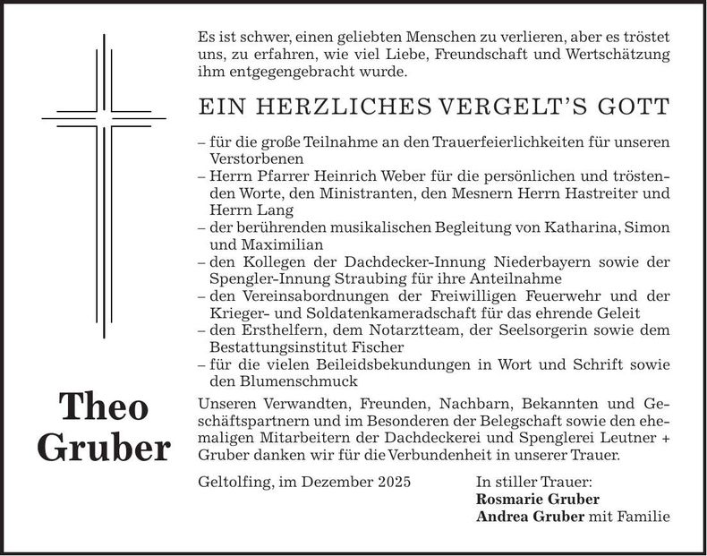 Traueranzeige Theo Gruber