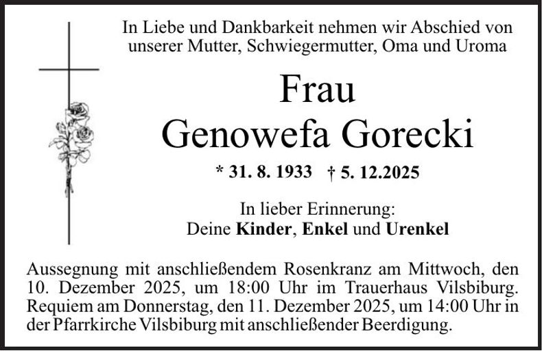 Traueranzeige Genowefa Gorecki