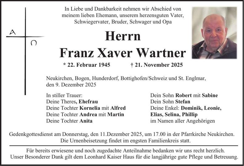 Traueranzeige Franz Xaver Wartner