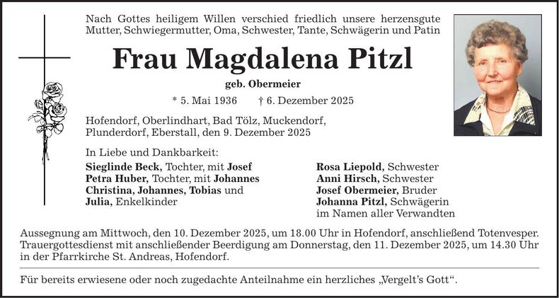 Traueranzeige Magdalena Pitzl