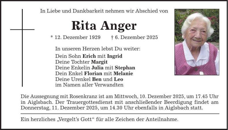 Traueranzeige Rita Anger