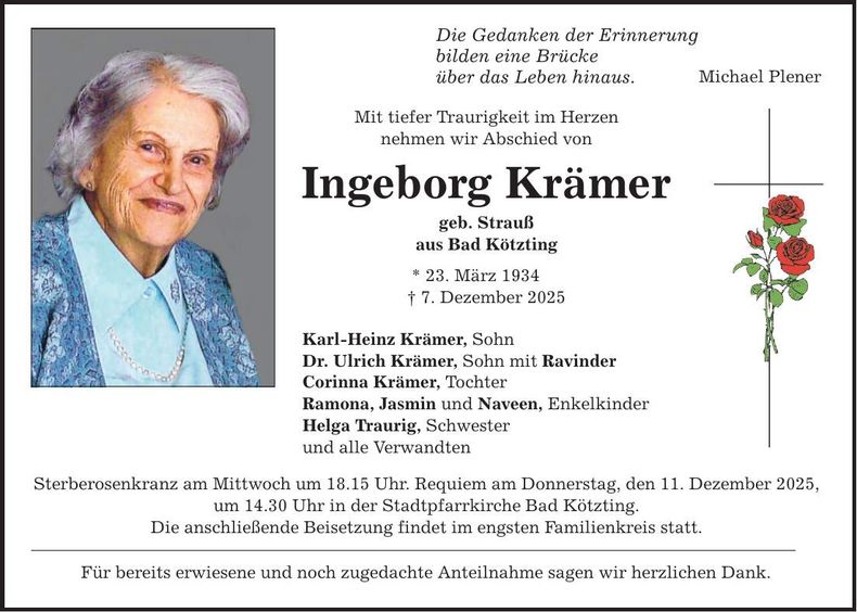 Traueranzeige Ingeborg Krämer