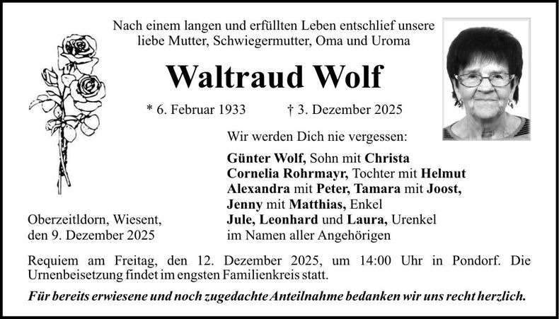 Traueranzeige Waltraud Wolf