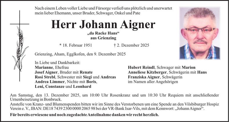 Traueranzeige Johann Aigner