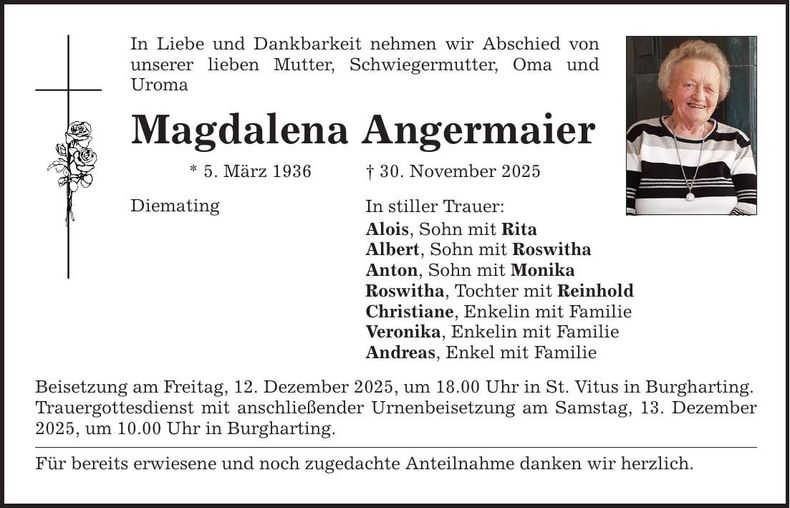 Traueranzeige Madgalena Angermaier