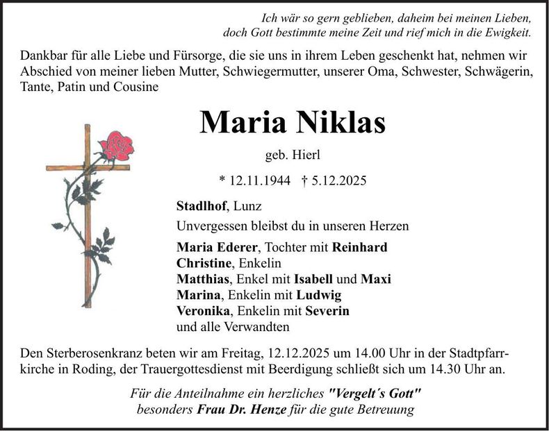 Traueranzeige Maria Niklas