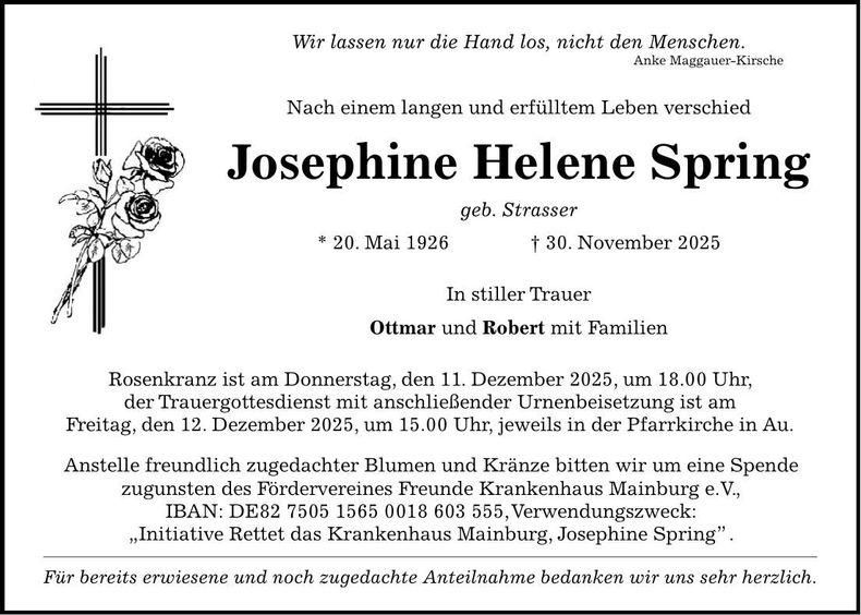 Traueranzeige Josephine Helene Spring