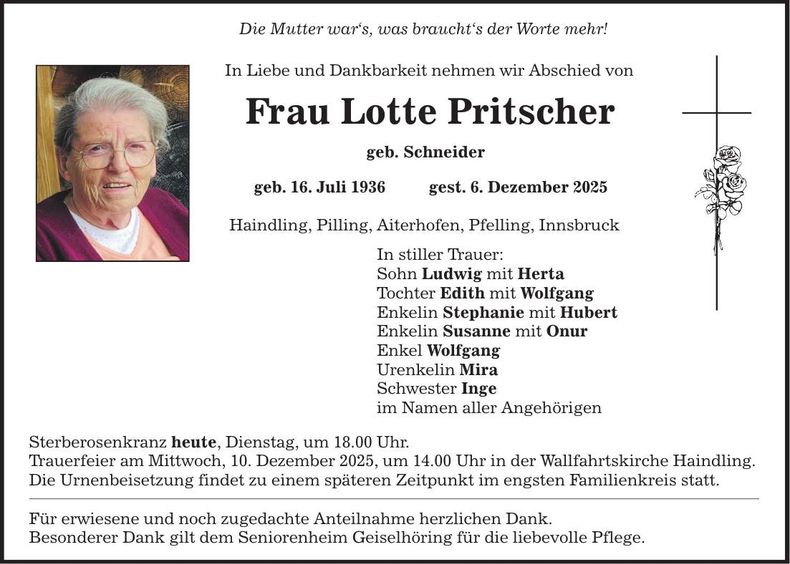 Traueranzeige Lotte Pritscher