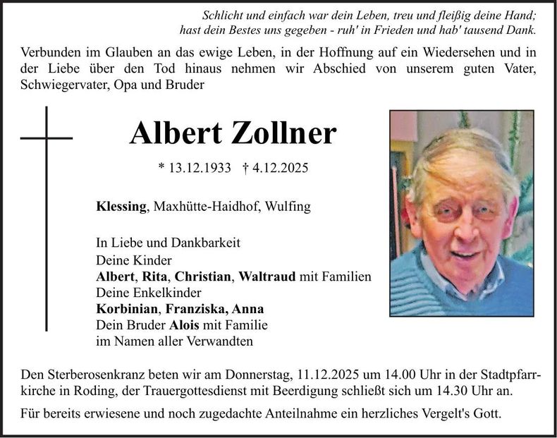 Traueranzeige Albert Zollner