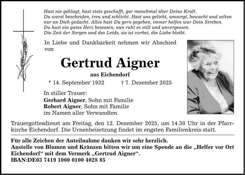 Traueranzeige Gertrud Aigner
