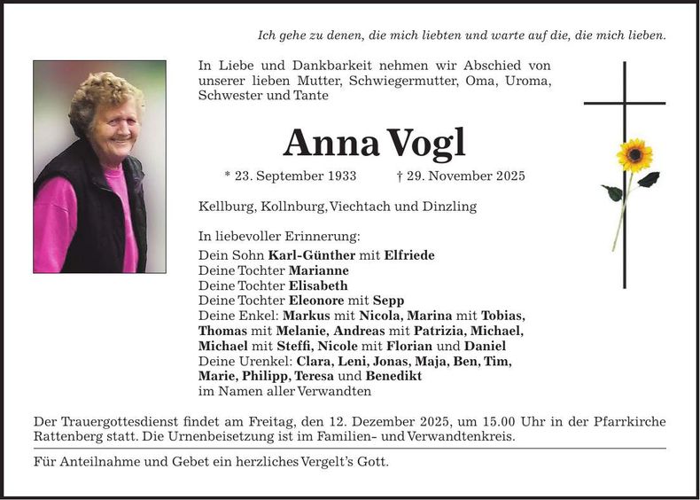 Traueranzeige Anna Vogl