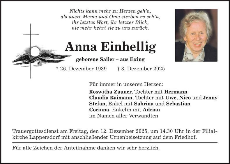 Traueranzeige Anna Einhellig