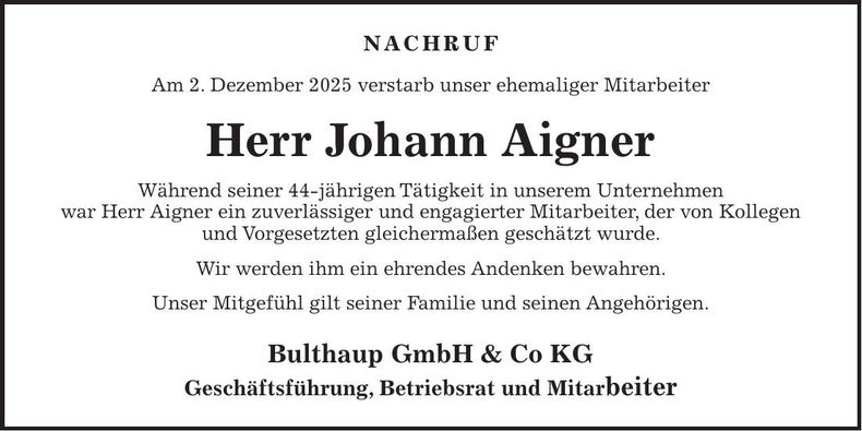 Traueranzeige Johann Aigner