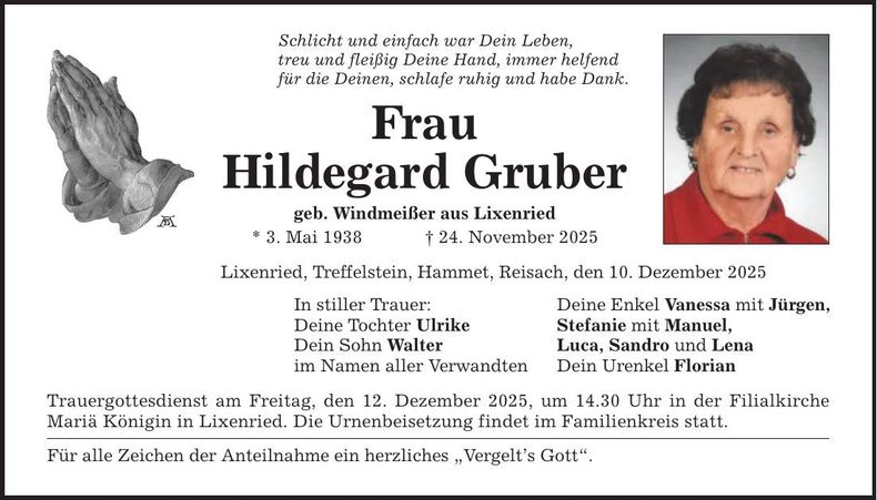 Traueranzeige Hildegard Gruber