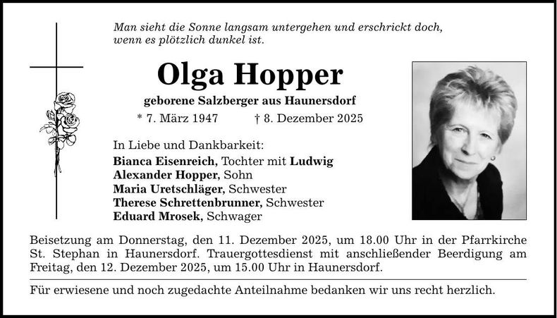 Traueranzeige Olga Hopper
