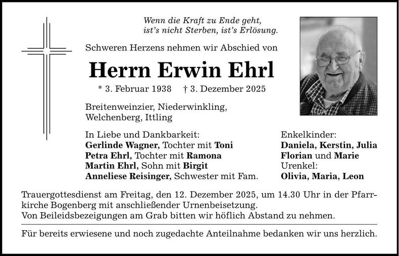 Traueranzeige Erwin Ehrl