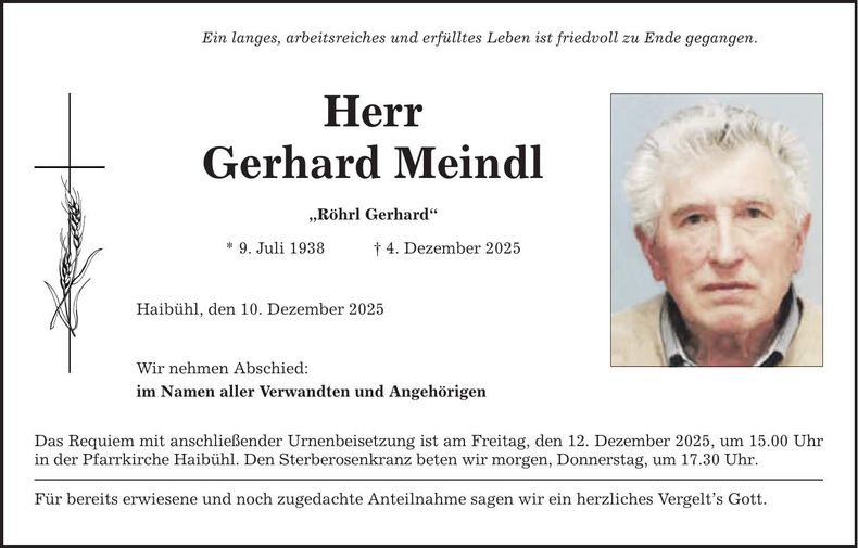 Traueranzeige Gerhard Meindl