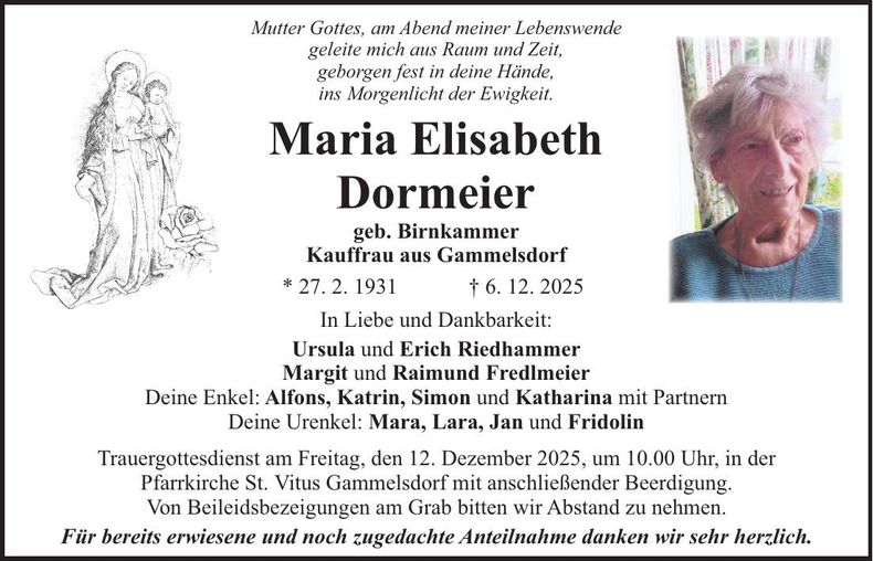 Traueranzeige Maria Elisabeth Dormeier
