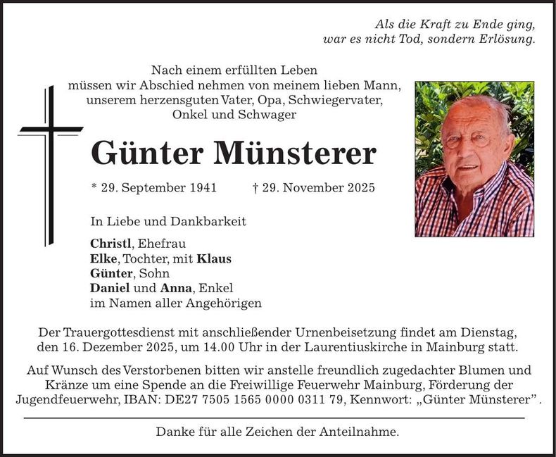 Traueranzeige Günter Münsterer