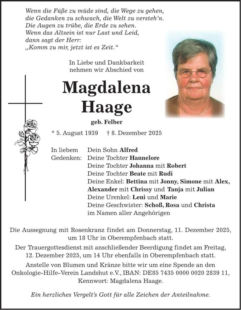 Traueranzeige Magdalena Haage
