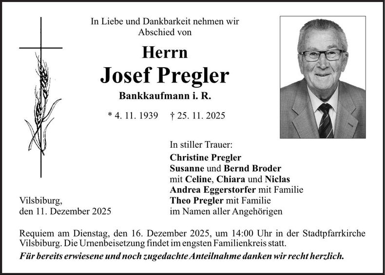 Traueranzeige Josef Pregler
