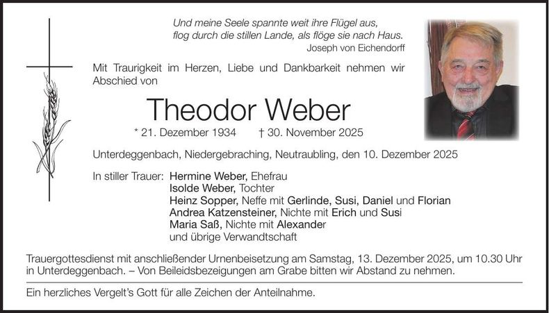 Traueranzeige Theodor Weber