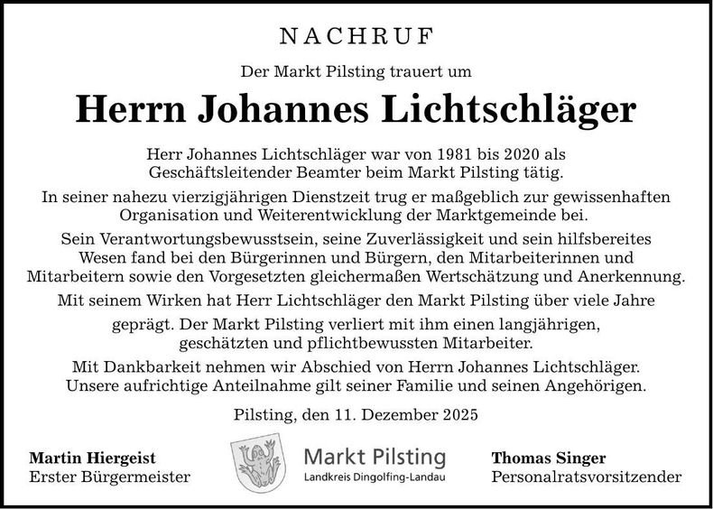 Traueranzeige Johannes Lichtschläger